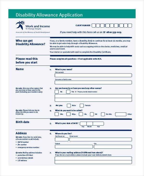 child disability allowance application form