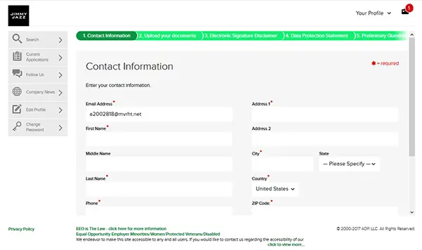 job application through website contact form
