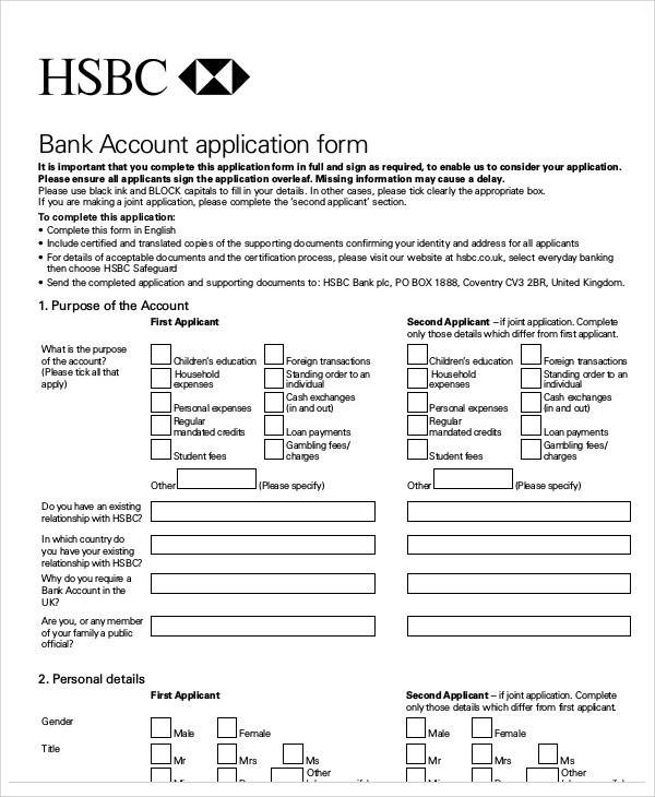 account opening application for bank